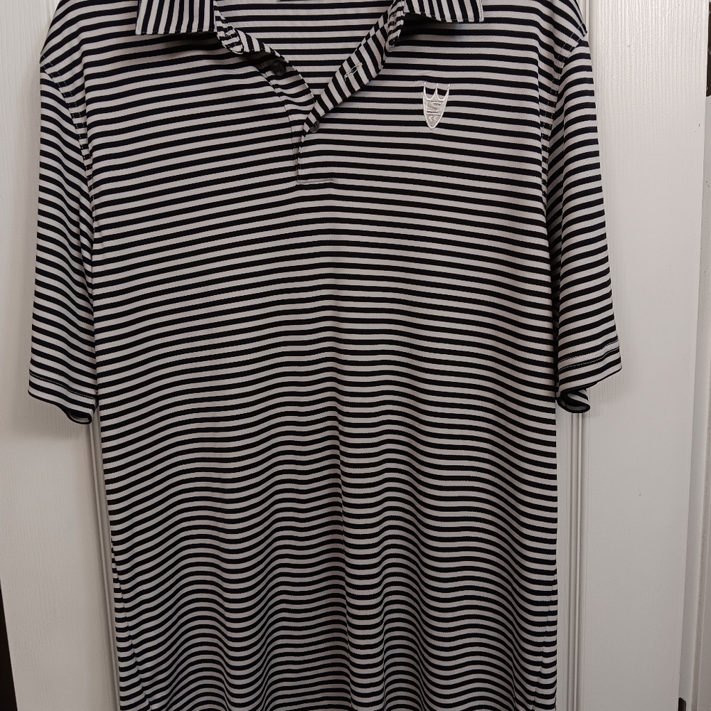 2012?? Ashworth Navy Blue White Stripe Polo Golf Shirt Preowned Men's Size Large